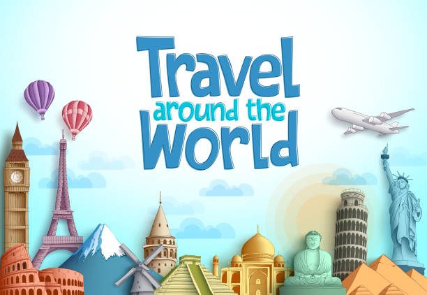 Travel around the world vector background design with famous landmarks and tourist destination elements in different places for tourism. Vector illustration.